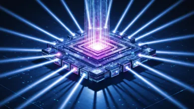 Abstract image of a glowing, futuristic-looking computer chip with light beams.