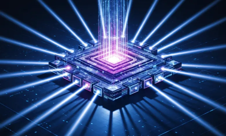 Abstract image of a glowing, futuristic-looking computer chip with light beams.