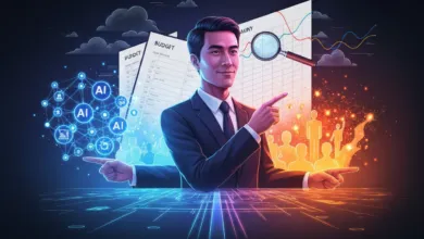 Man in suit points to AI network and financial data, symbolizing data analysis.