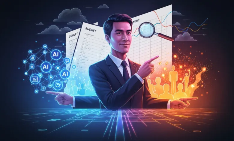 Man in suit points to AI network and financial data, symbolizing data analysis.