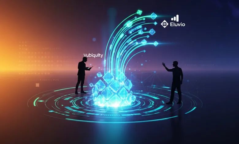 Abstract digital art with silhouettes, Eluvio logo, and glowing cubes.
