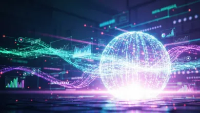 Glowing sphere with data streams and charts, representing technology.