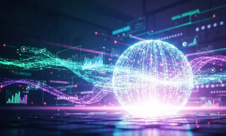 Glowing sphere with data streams and charts, representing technology.