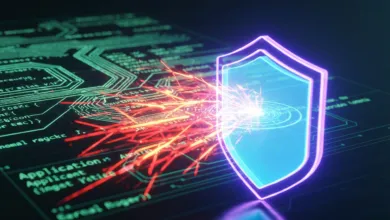 Cybersecurity shield blocking red exploit sparks on circuit board.