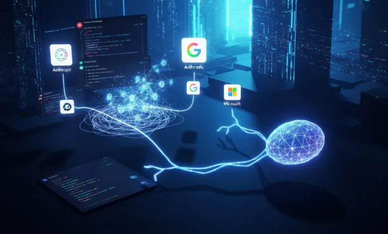 AI data flow connecting Anthropic, Google, Microsoft, and a neural network.