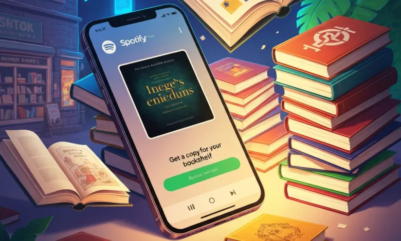 Phone displays Spotify audiobook 'Inege's enieduns' surrounded by stacked books.
