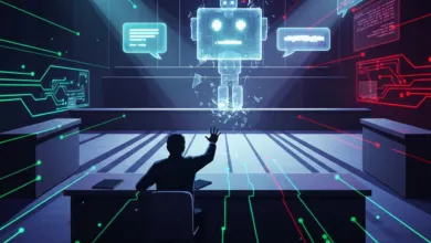 Silhouette of person interacting with a holographic robot in a futuristic room.