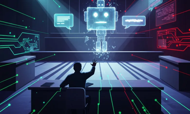 Silhouette of person interacting with a holographic robot in a futuristic room.