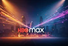 HBO Max logo over a city skyline with light streaks.