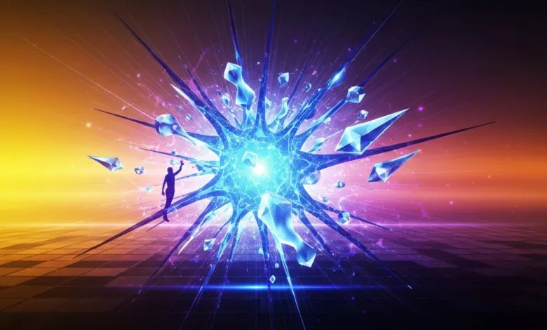 Abstract image of a glowing blue sphere with a silhouetted figure.