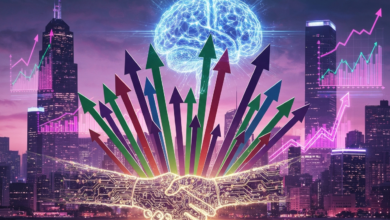 Digital handshake with rising arrows and brain over city skyline.