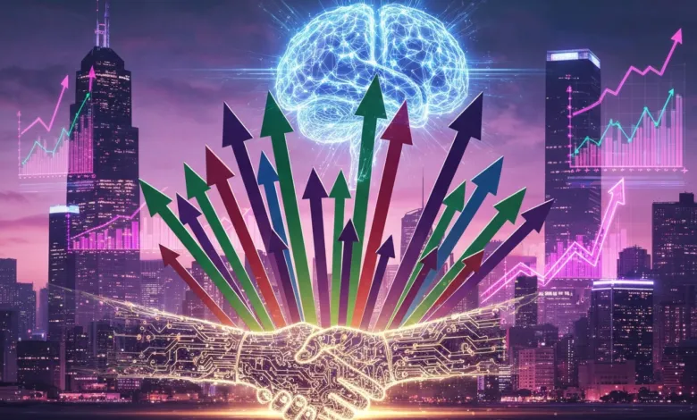 Digital handshake with rising arrows and brain over city skyline.