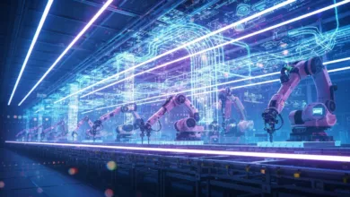 Automated factory line with robotic arms and digital schematics overhead.