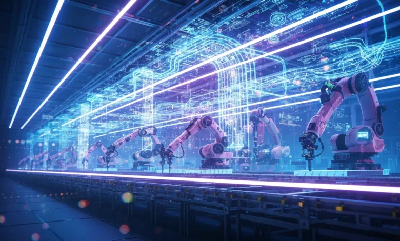 Automated factory line with robotic arms and digital schematics overhead.