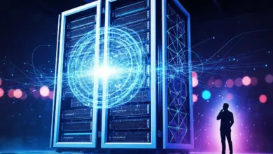 Data center server racks with glowing orb and silhouette of a person.