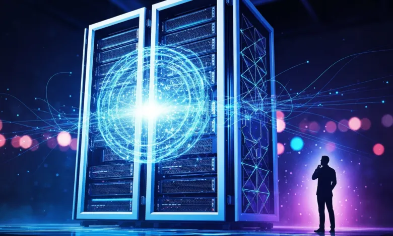 Data center server racks with glowing orb and silhouette of a person.