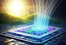 Futuristic landscape with a glowing chip and data streams.