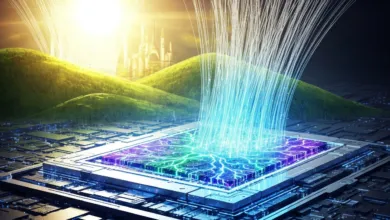 Futuristic landscape with a glowing chip and data streams.