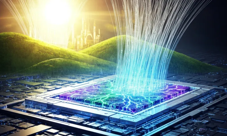 Futuristic landscape with a glowing chip and data streams.