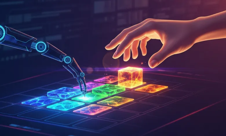 Human and robotic hands interact with glowing blocks on a grid.