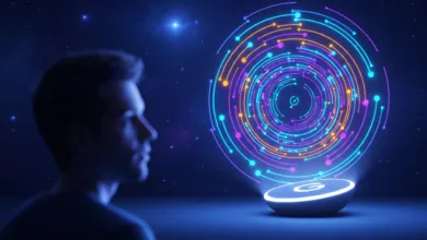 Man looks at glowing, colorful, circular data visualization in a dark, starry environment.