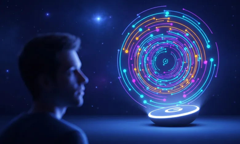 Man looks at glowing, colorful, circular data visualization in a dark, starry environment.