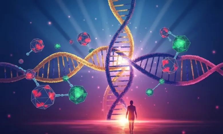 DNA strands and molecules surround a silhouetted figure walking towards a bright light.