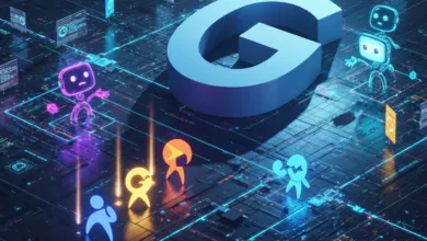 Stylized Google logo with colorful AI avatars on a circuit board background.