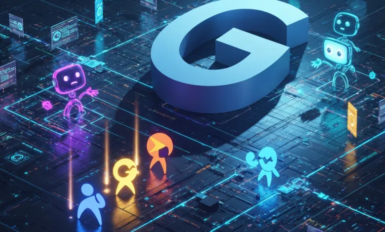 Stylized Google logo with colorful AI avatars on a circuit board background.