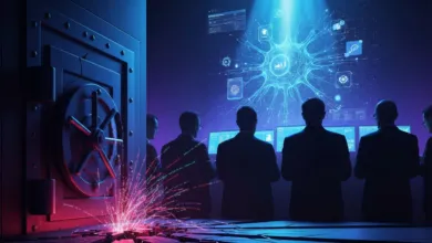 Team breaches digital vault, analyzing data on screens.