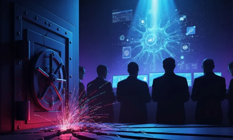 Team breaches digital vault, analyzing data on screens.