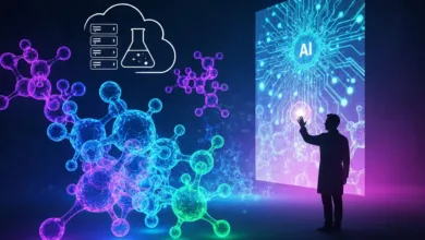 AI-powered research: Molecule models, cloud data, and a scientist interacting with a digital interface.