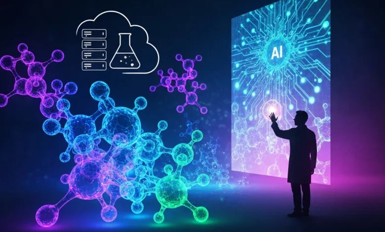AI-powered research: Molecule models, cloud data, and a scientist interacting with a digital interface.