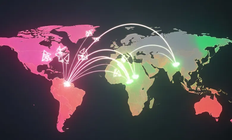World map with glowing connections highlighting global network and data flow.