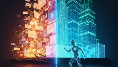 Digital figure stands between data stream and glowing city skyline.