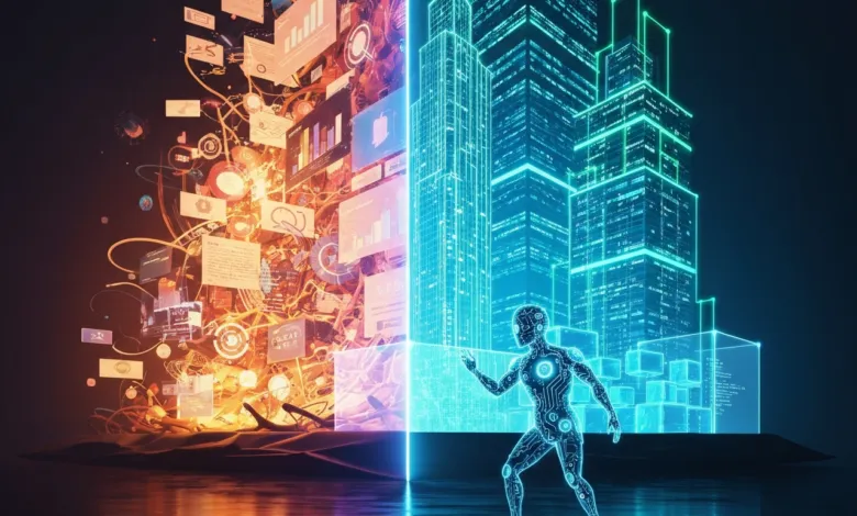 Digital figure stands between data stream and glowing city skyline.