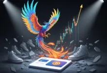 Colorful phoenix rising above a Bitcoin chart and sneakers on a cracked surface.
