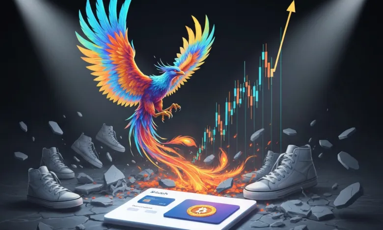 Colorful phoenix rising above a Bitcoin chart and sneakers on a cracked surface.