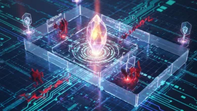 Abstract digital art: crystal inside security capsule on circuit board.