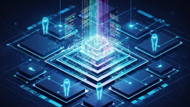 Abstract digital network with glowing nodes and data streams.