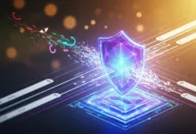 Glowing shield on platform with data streams, symbolizing cybersecurity.