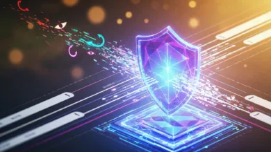 Glowing shield on platform with data streams, symbolizing cybersecurity.