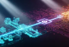 Abstract digital circuit board with glowing blue and orange components.