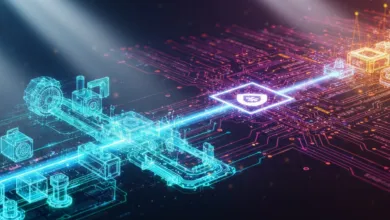 Abstract digital circuit board with glowing blue and orange components.