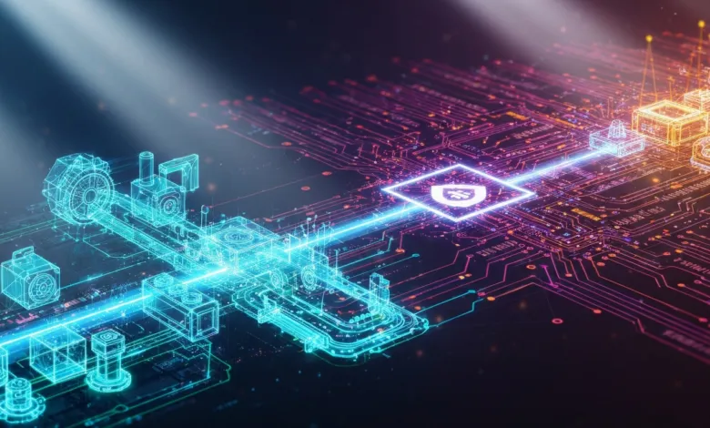 Abstract digital circuit board with glowing blue and orange components.