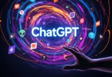 ChatGPT logo with swirling icons and a hand reaching out.