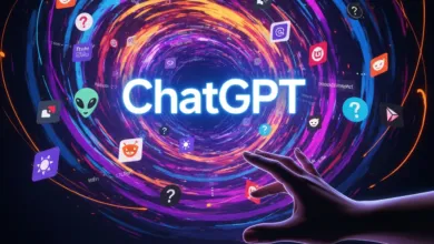 ChatGPT logo with swirling icons and a hand reaching out.