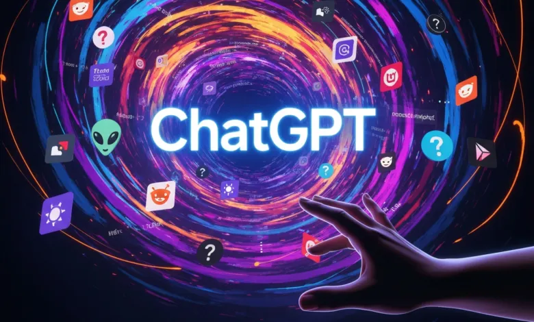 ChatGPT logo with swirling icons and a hand reaching out.