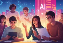 Diverse team collaborates on AI project, smiling and gesturing in a bright, futuristic office.
