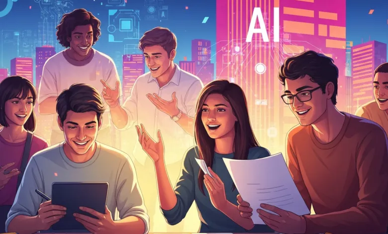 Diverse team collaborates on AI project, smiling and gesturing in a bright, futuristic office.